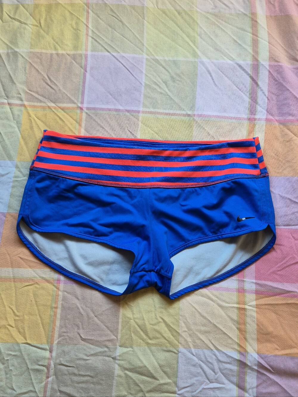 Nike Royal Blue Swim Shorts with Red-Orange Striped Waistband